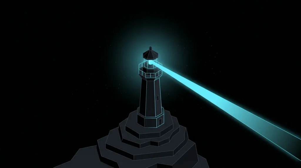 Lighthouse switching on its cyan beam