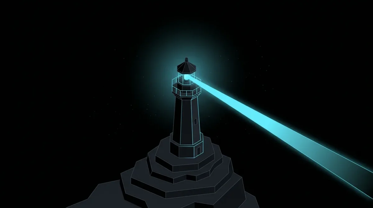 Lighthouse switching on its cyan beam