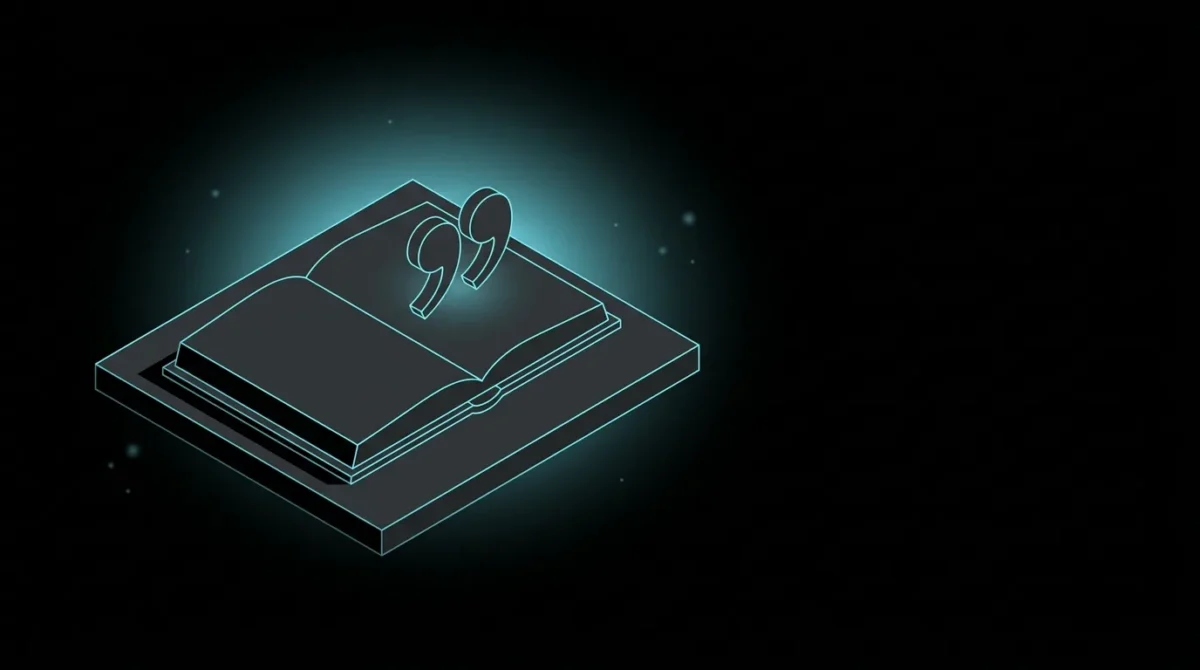 Isometric open book with a quotation mark rising above the pages
