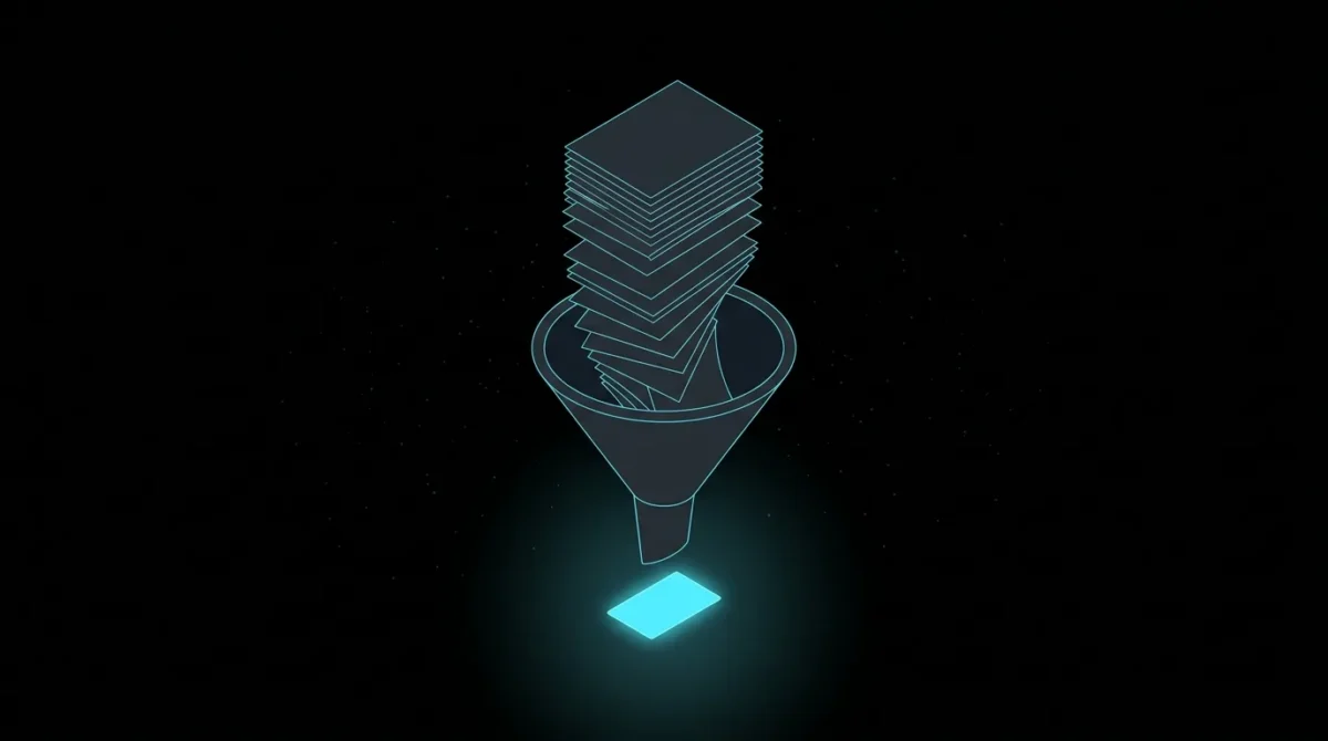 Stack of pages funneling into one glowing card