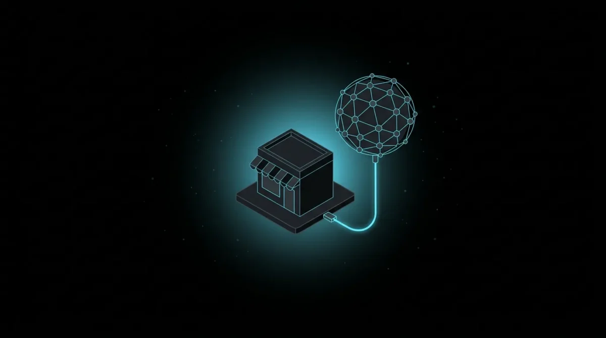 Storefront plugged into a floating network sphere