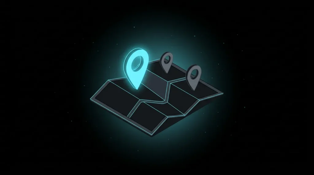 Folded map with the tallest pin glowing cyan above two grey pins