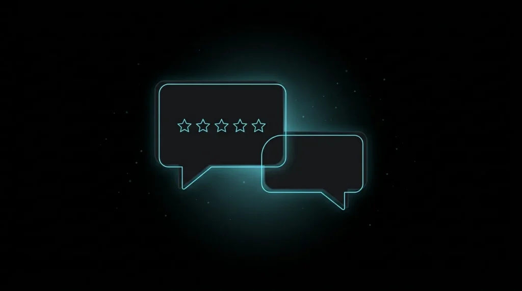 Review bubble with five stars and a reply bubble answering it