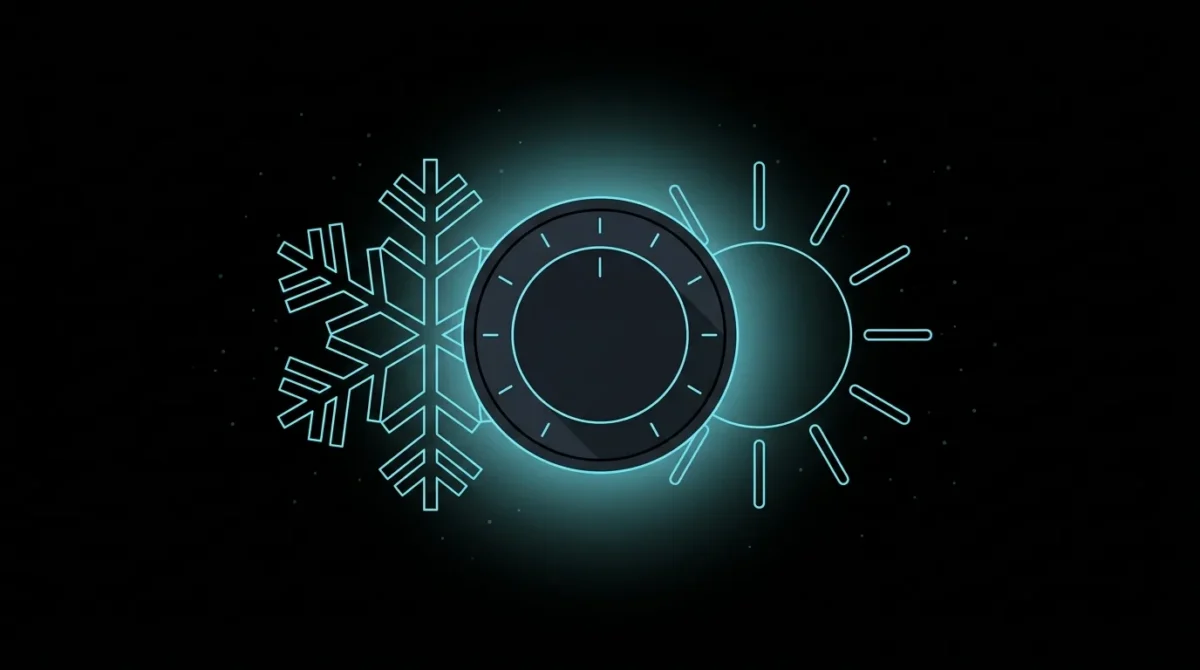 Snowflake and sun joined by a thermostat dial