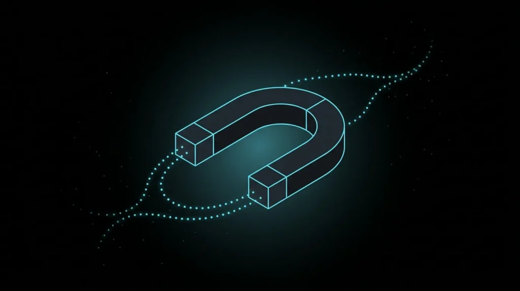 Horseshoe magnet pulling a stream of glowing dots toward it