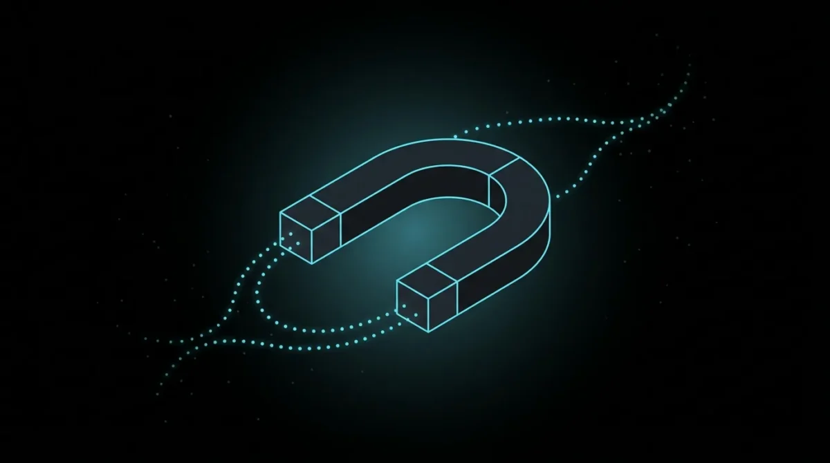 Horseshoe magnet pulling a stream of glowing dots toward it