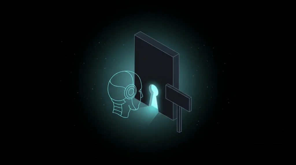 Robot head facing a gate with a glowing keyhole doorway