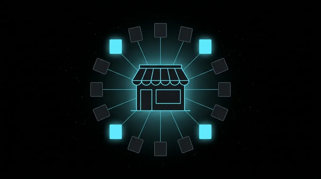 Storefront linked to a ring of listing cards, a few glowing cyan