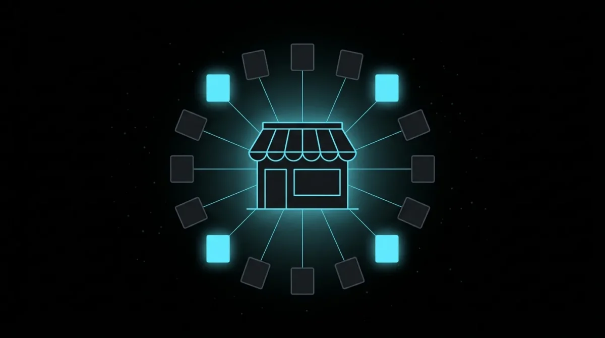 Storefront linked to a ring of listing cards, a few glowing cyan