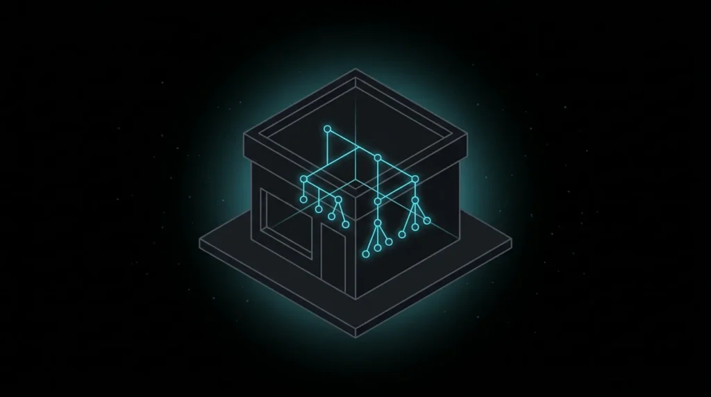 Storefront in x-ray view revealing a glowing cyan structured tree of connected nodes inside