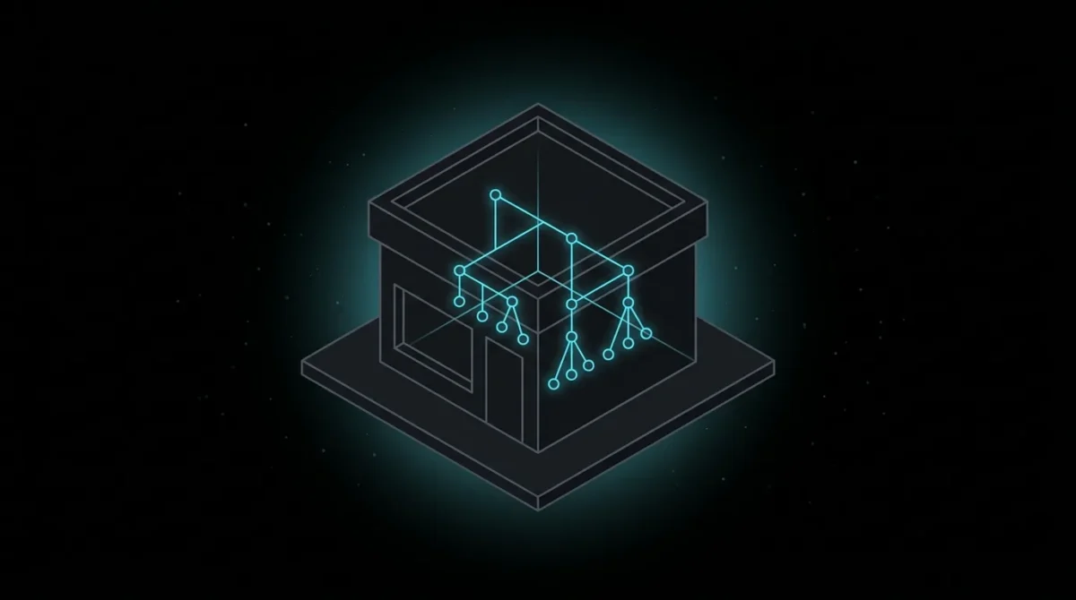 Storefront in x-ray view revealing a glowing cyan structured tree of connected nodes inside