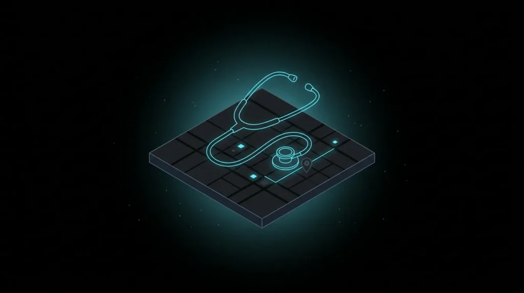 Stethoscope examining a map tile with a location pin