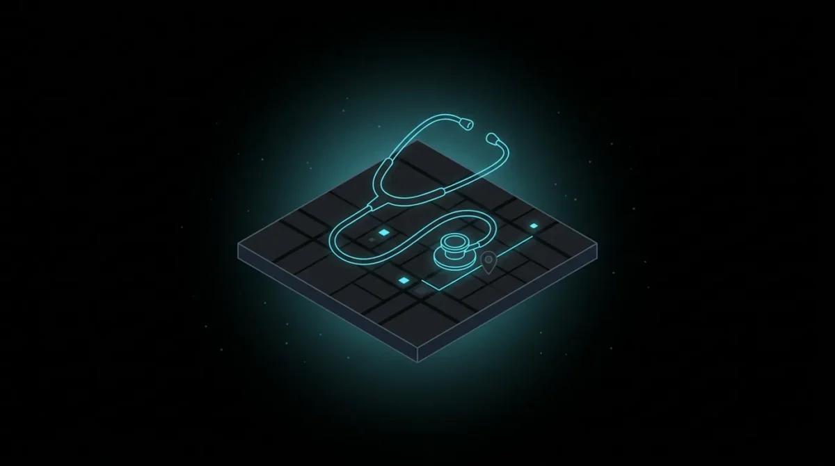 Stethoscope examining a map tile with a location pin