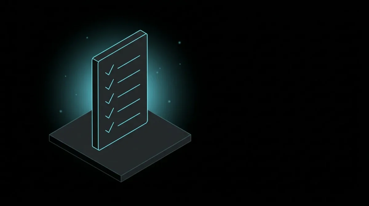 Isometric checklist panel with five tick marks running down it