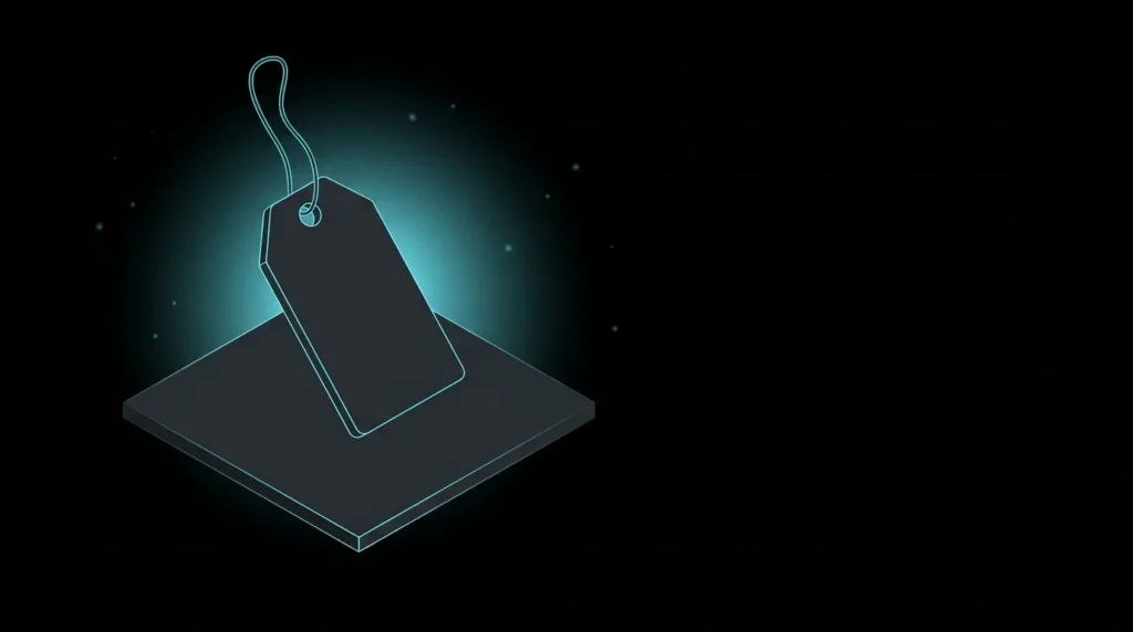 Isometric blank price tag hanging from a thin string