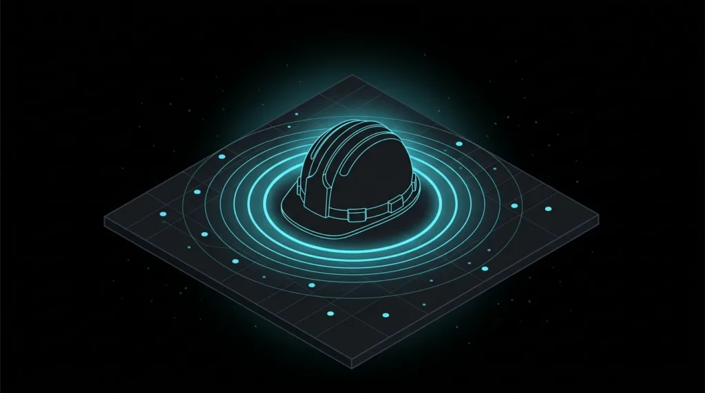 Hard hat at the center of glowing service-radius rings on a map