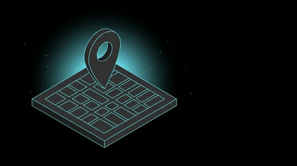 Isometric map pin standing above a grid of intersecting streets