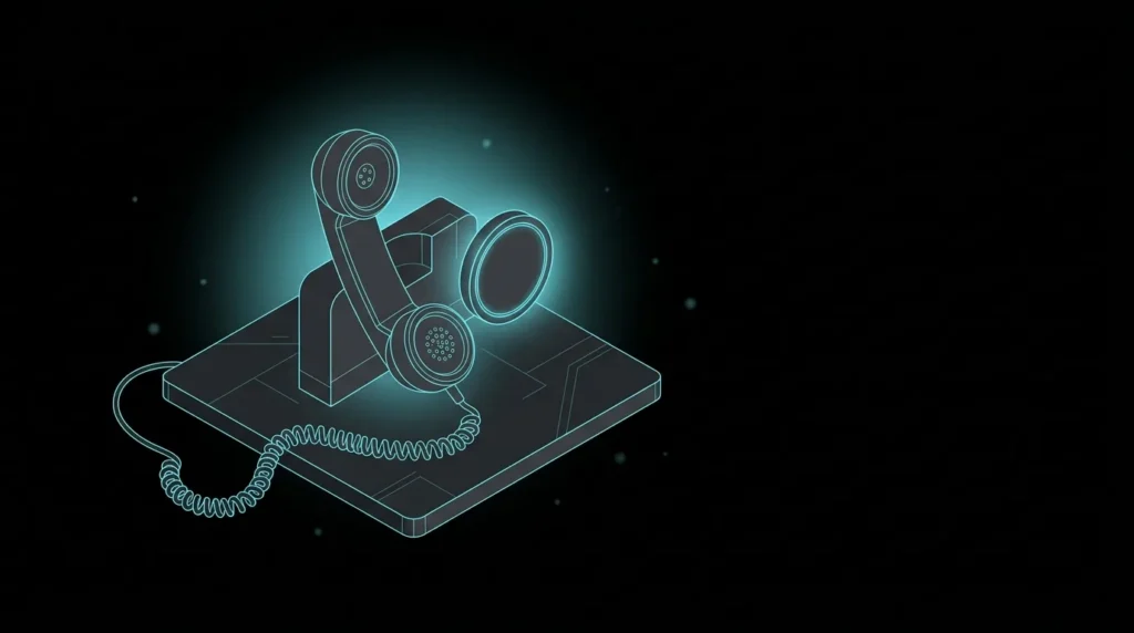 Isometric telephone handset resting off its cradle beside a glowing badge