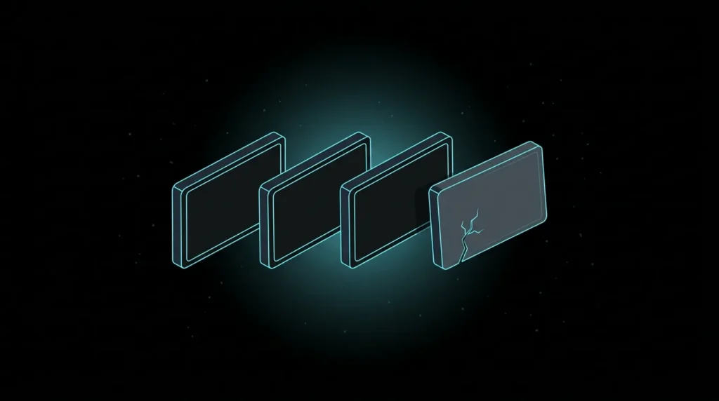 Row of aligned cyan address plates with one misaligned grey plate