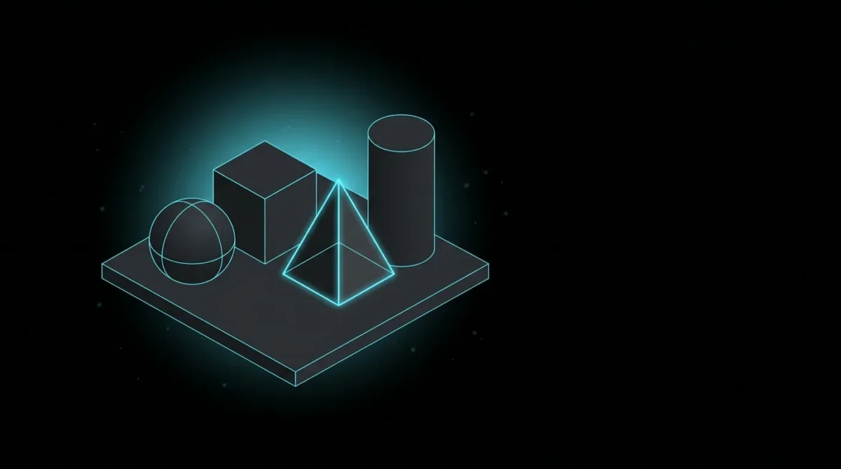 Four isometric solids in a row with the pyramid glowing brighter