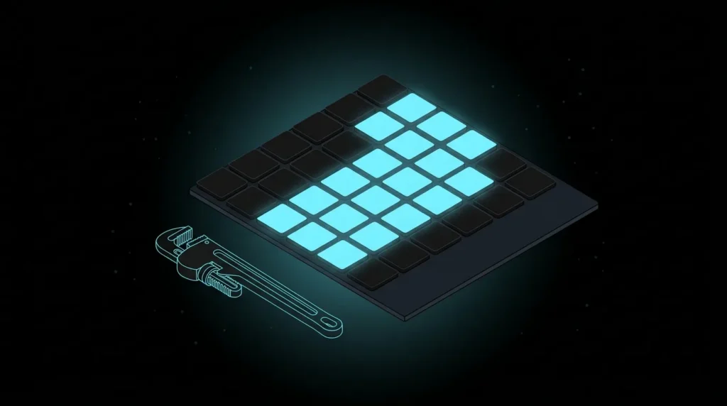 Pipe wrench beside a weekly schedule grid filled with cyan tiles