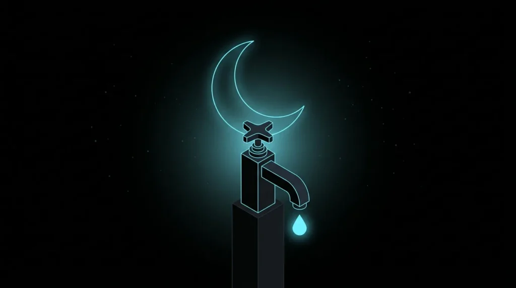 Crescent moon above a dripping faucet with a glowing cyan droplet