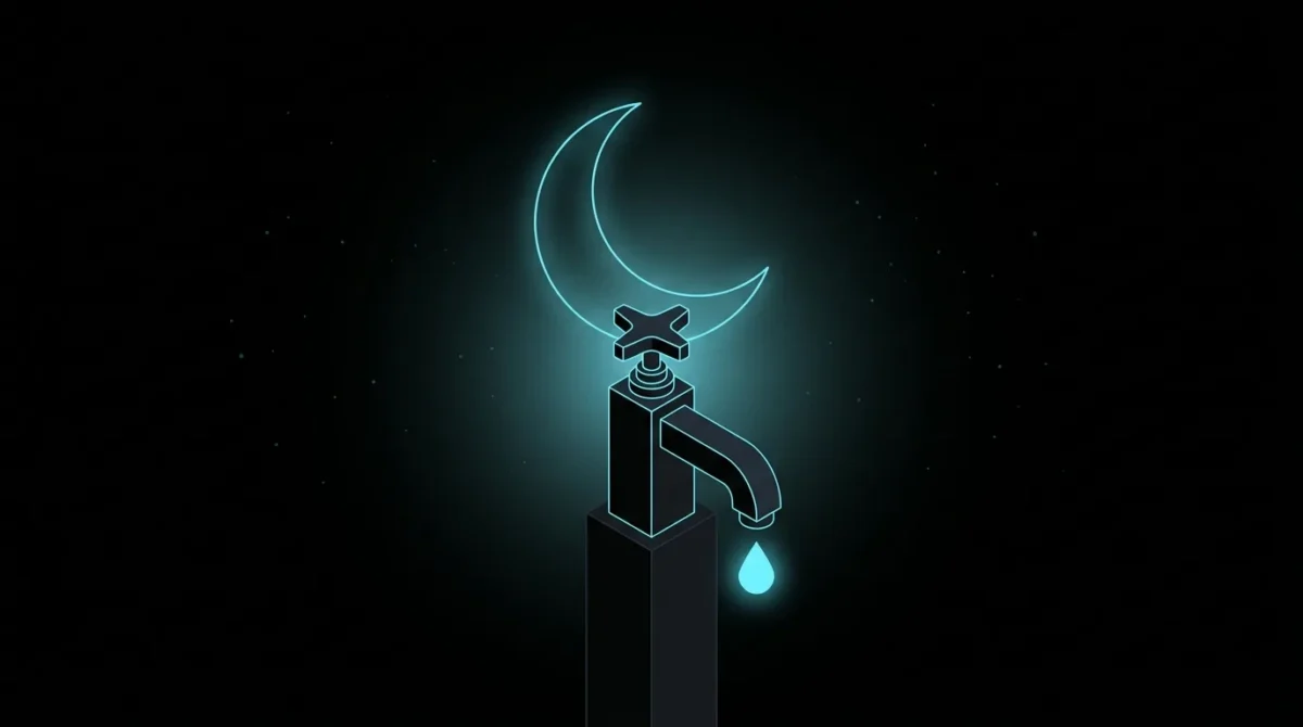 Crescent moon above a dripping faucet with a glowing cyan droplet