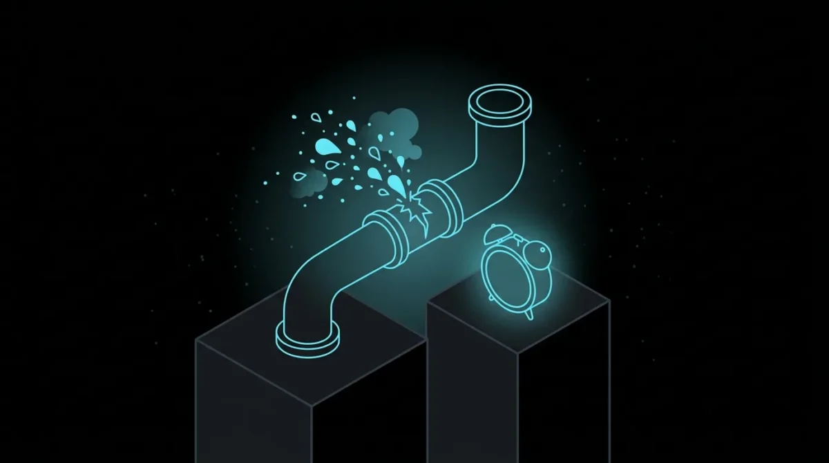 Burst water pipe beside an alarm clock