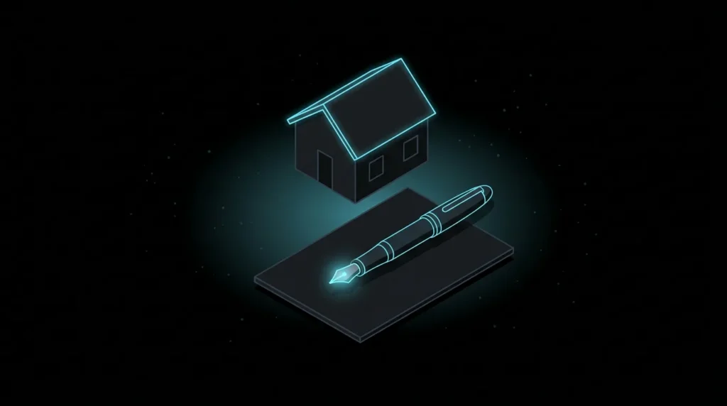 House with a cyan roof and a pen resting on a blank contract