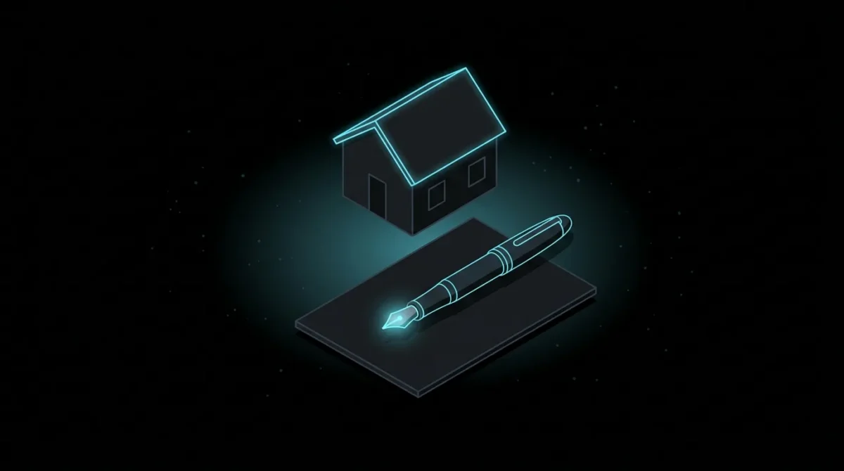 House with a cyan roof and a pen resting on a blank contract