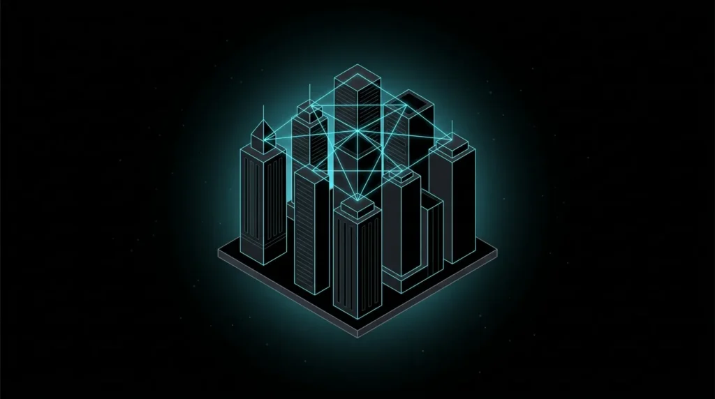 Skyscrapers connected at the top by a glowing network