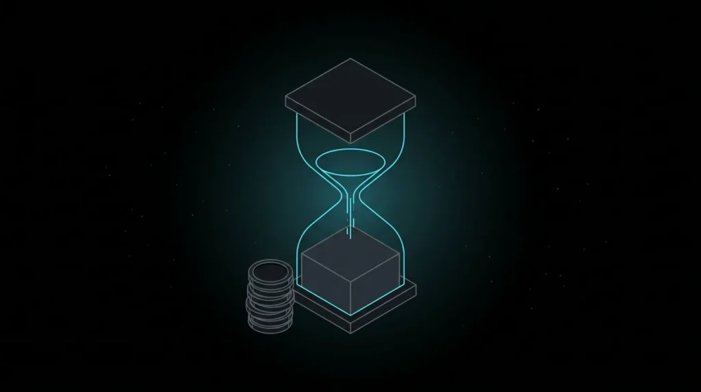 Hourglass with sand falling fast beside a stack of coins