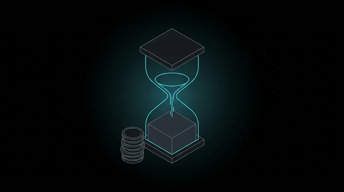 Hourglass with sand falling fast beside a stack of coins