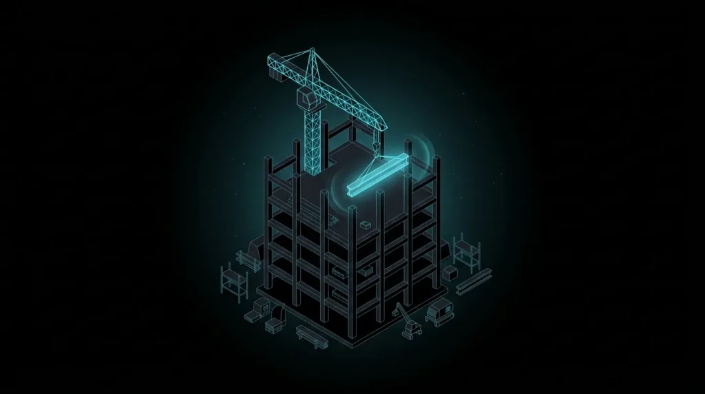 Crane lifting a glowing cyan beam onto a building frame