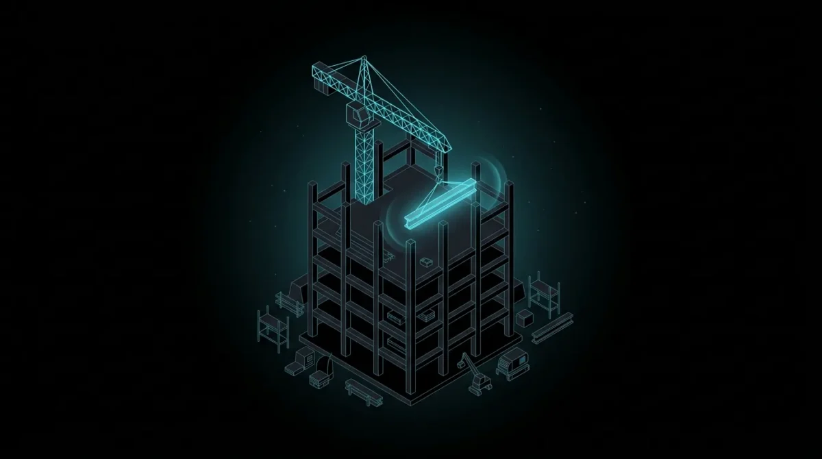 Crane lifting a glowing cyan beam onto a building frame