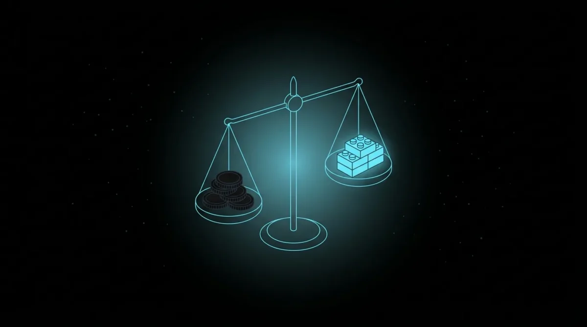 Balance scale weighing coins against a stack of building blocks