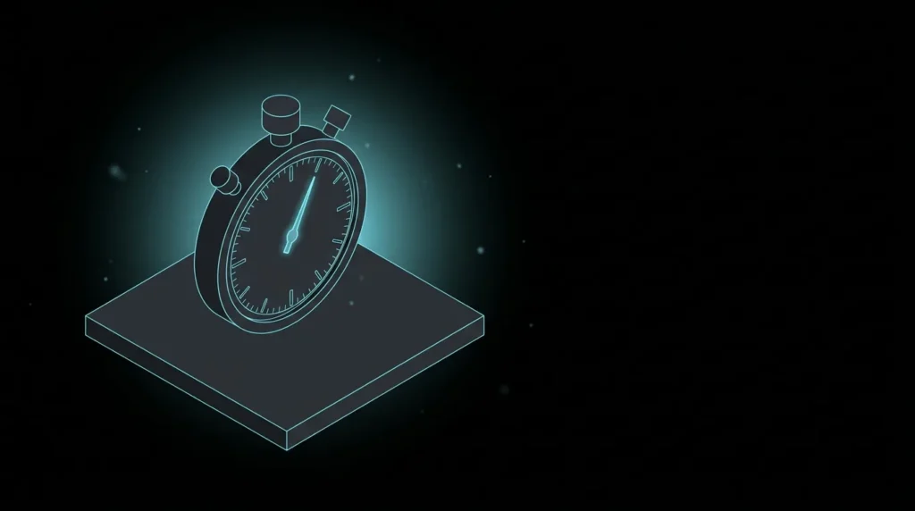 Isometric stopwatch with a glowing hand near the top of the dial