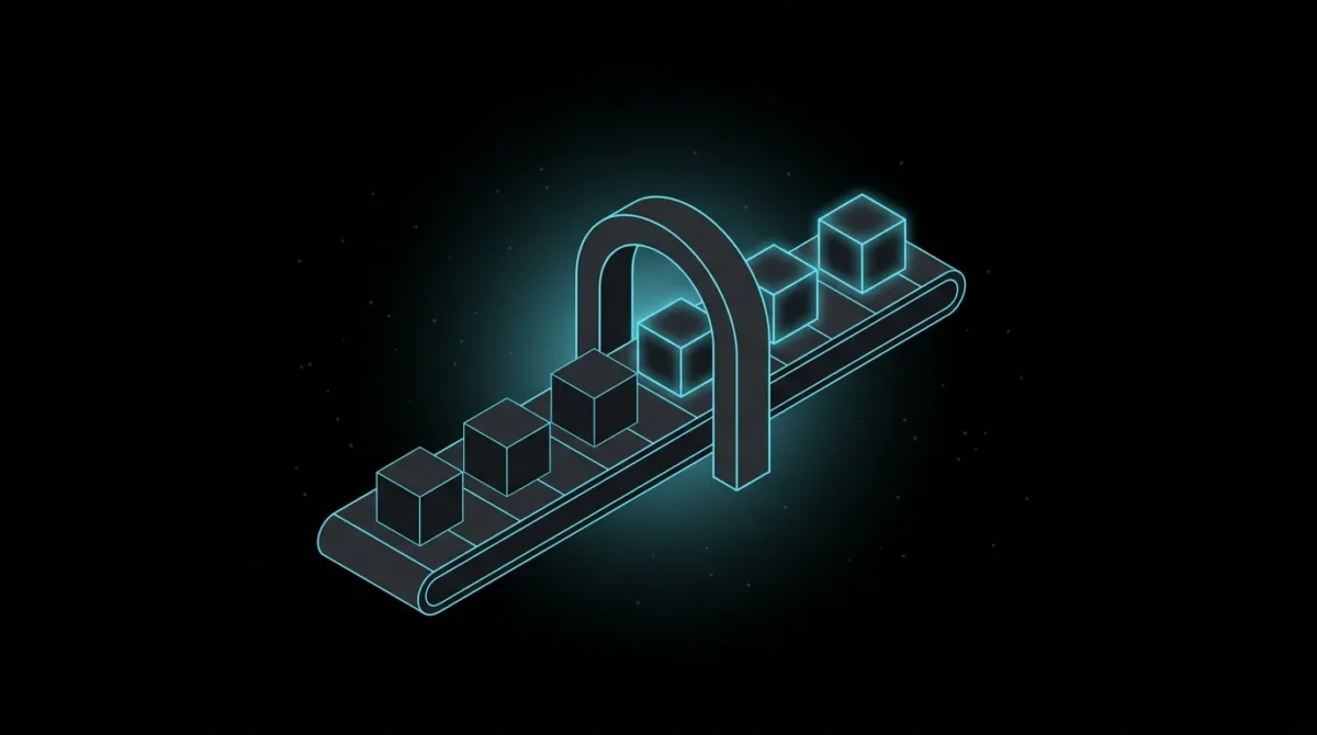 Conveyor belt carrying cubes through a glowing cyan arch