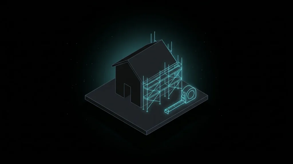 House half wrapped in cyan scaffolding with a measuring tape