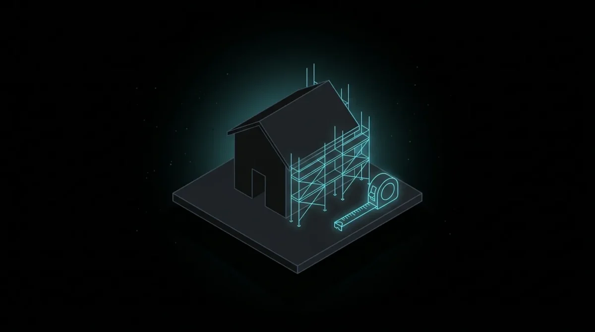 House half wrapped in cyan scaffolding with a measuring tape