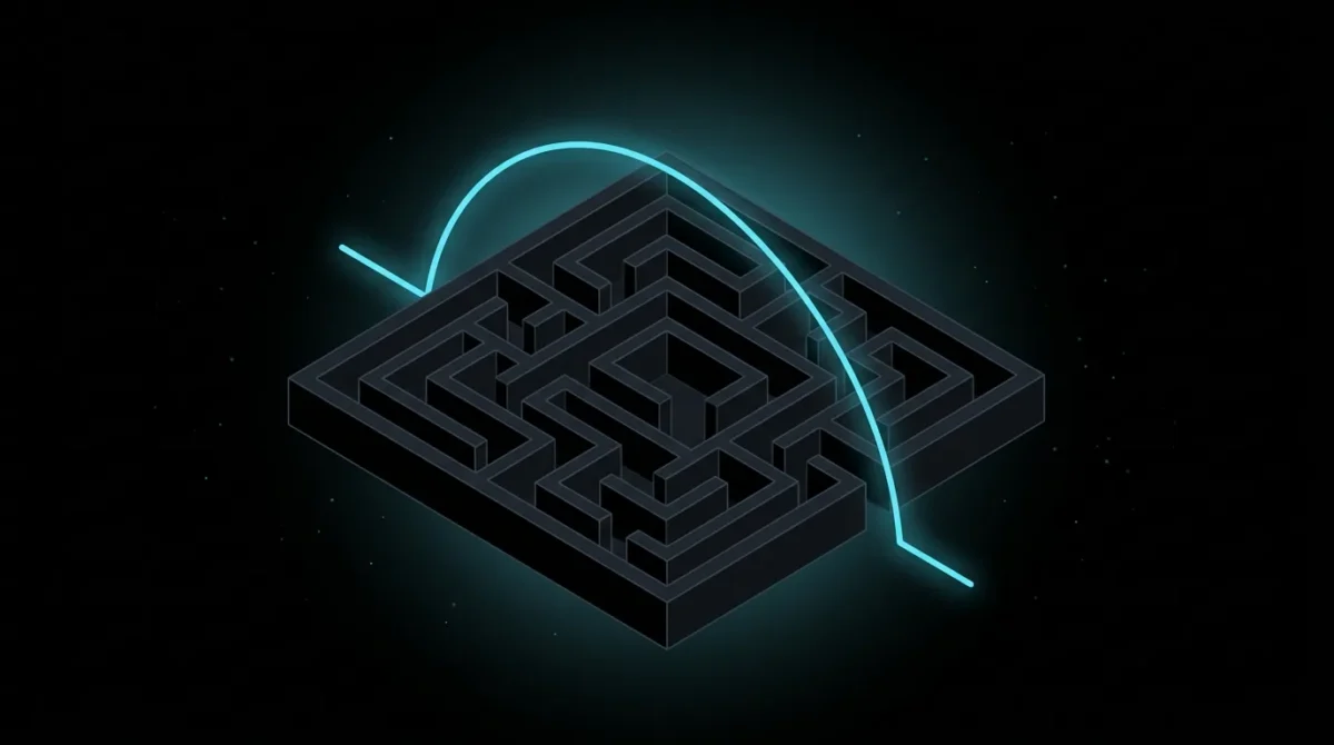 Glowing path arcing over a dark maze