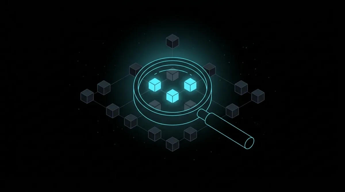 Glowing cyan magnifying glass highlighting a few workflow blocks worth automating among many dim ones