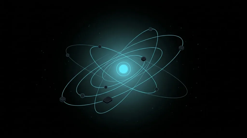 Glowing core with orbit paths carrying nodes