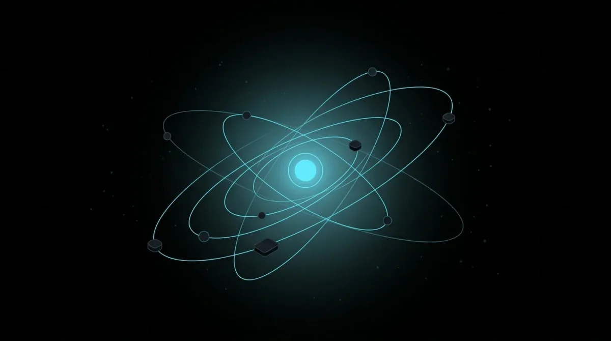Glowing core with orbit paths carrying nodes