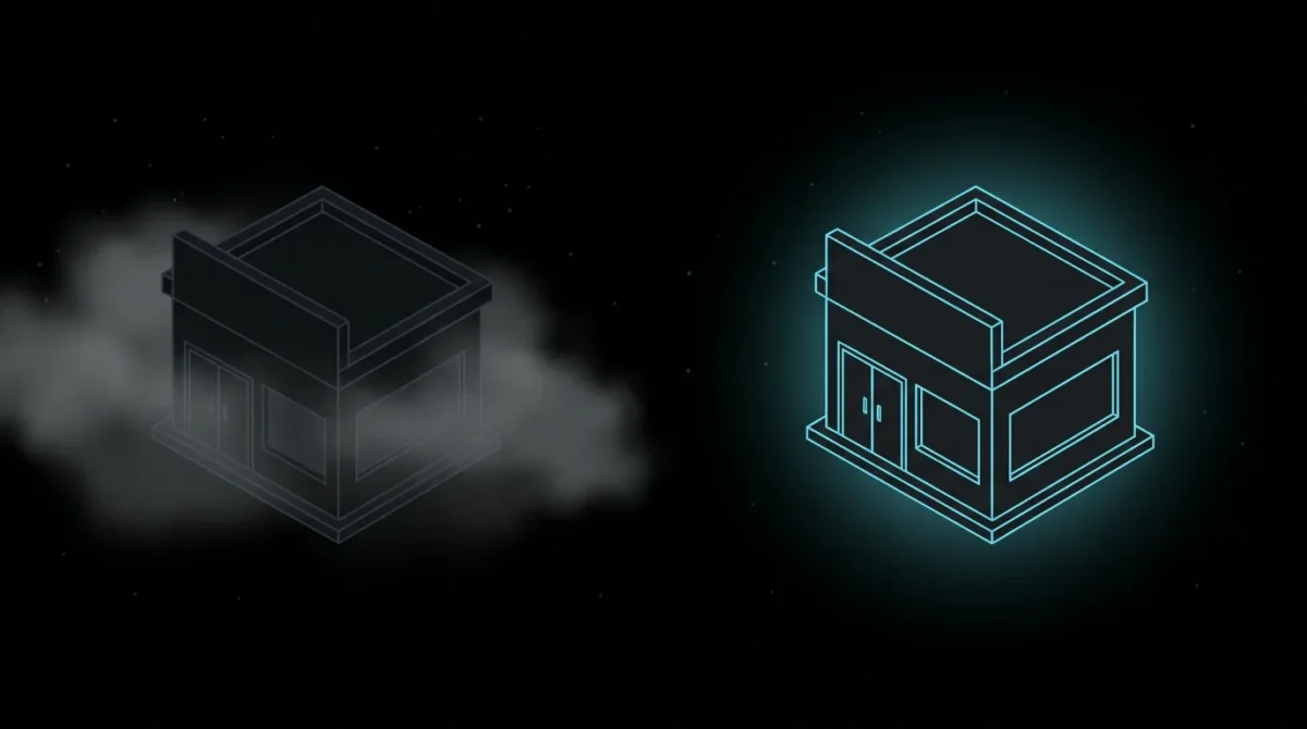 Storefront shown hidden in fog and then lit with a cyan outline