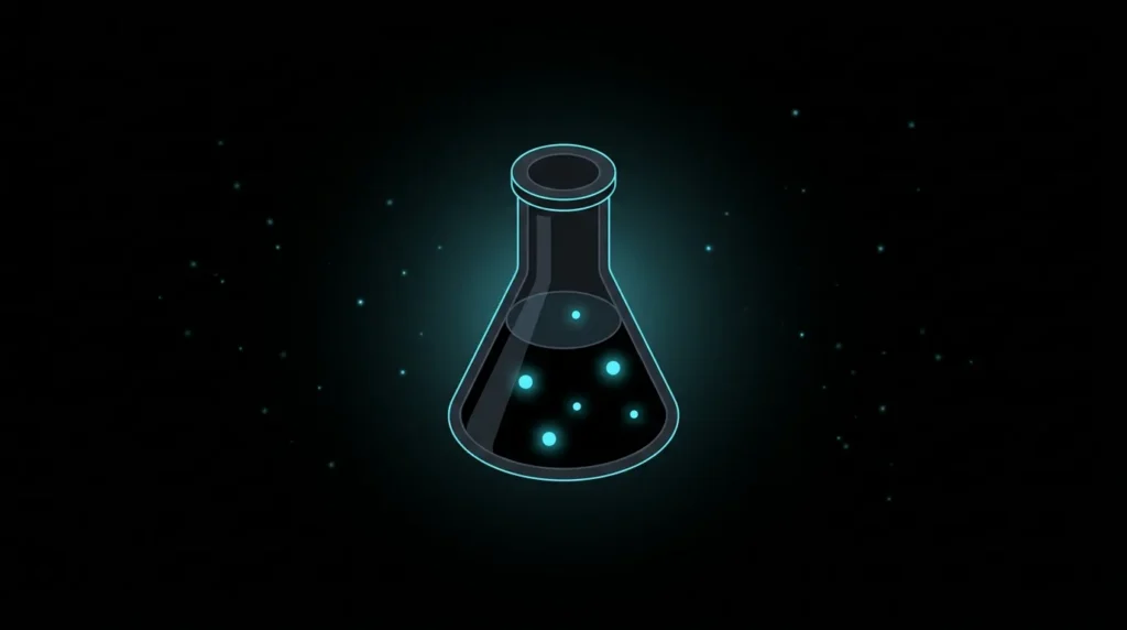 Beaker with glowing particles evenly suspended