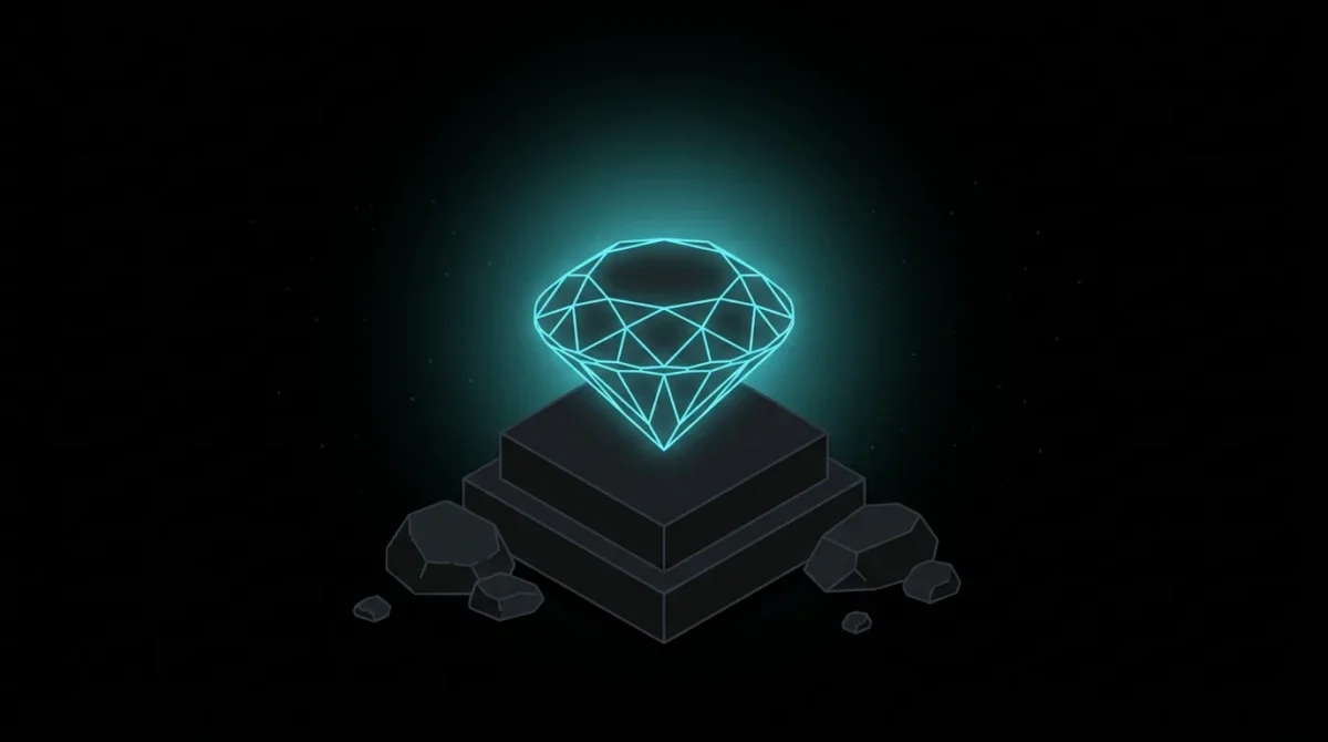 Cut cyan gemstone on a pedestal among grey rough stones