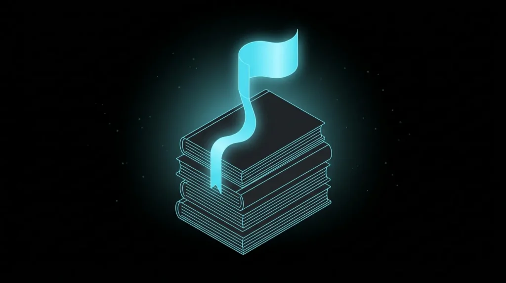 Stack of books with a glowing bookmark rising like a flag