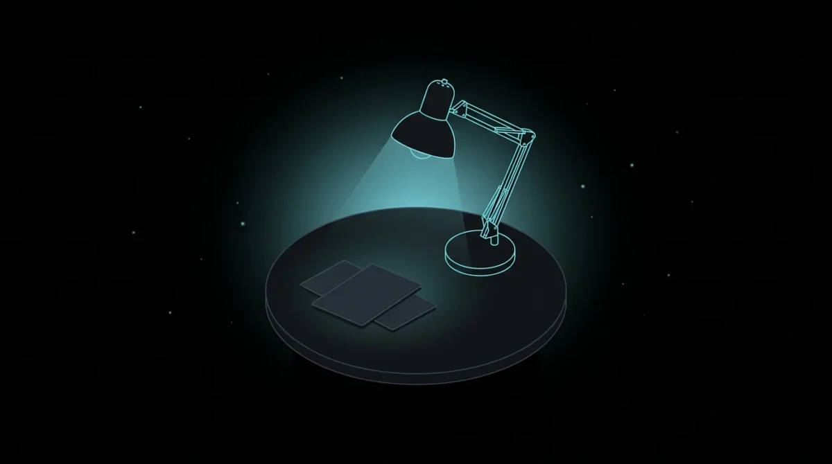 Desk lamp lighting a table of blank cards