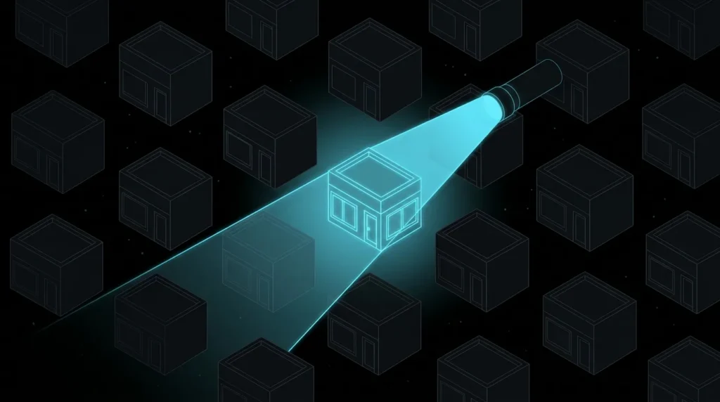 Flashlight beam revealing a hidden storefront among dim blocks